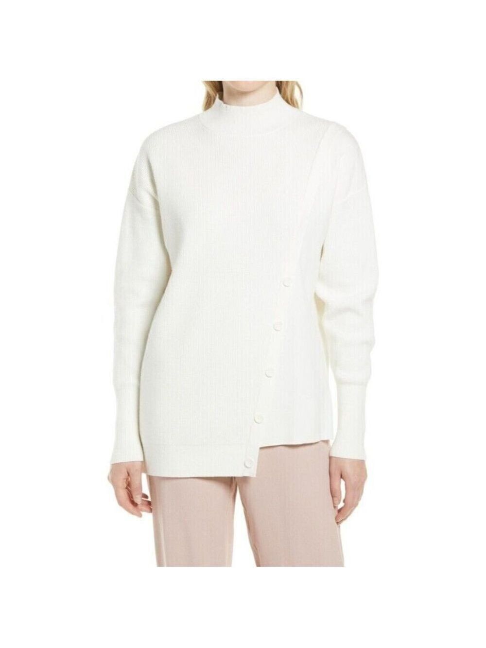 𝅺halogen BNWT sz Large womens Ivory ribbed sweater NEW mock neck button detail